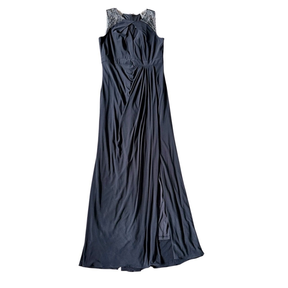 ADRIANNA PAPELL floor length black sleeveless gown lace beaded shoulders size 12